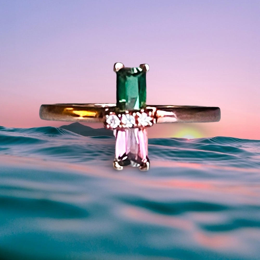 Dainty Vintage Rose Gold Ring Pink & Green Gemstone Womens Jewelry Antique Insp